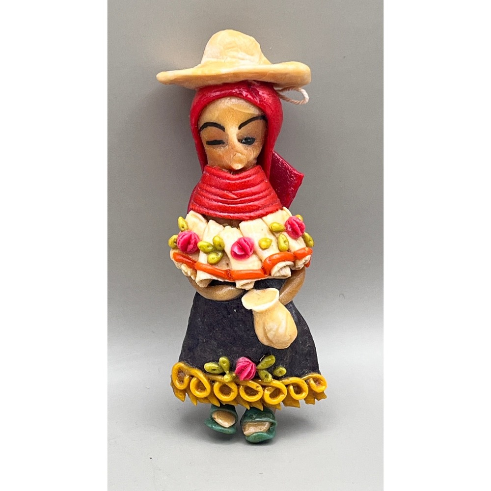 Vtg Mini Ecuador Bread Dough Doll Ornament Marzipan Folk Art Woman Sombrero 3.5"